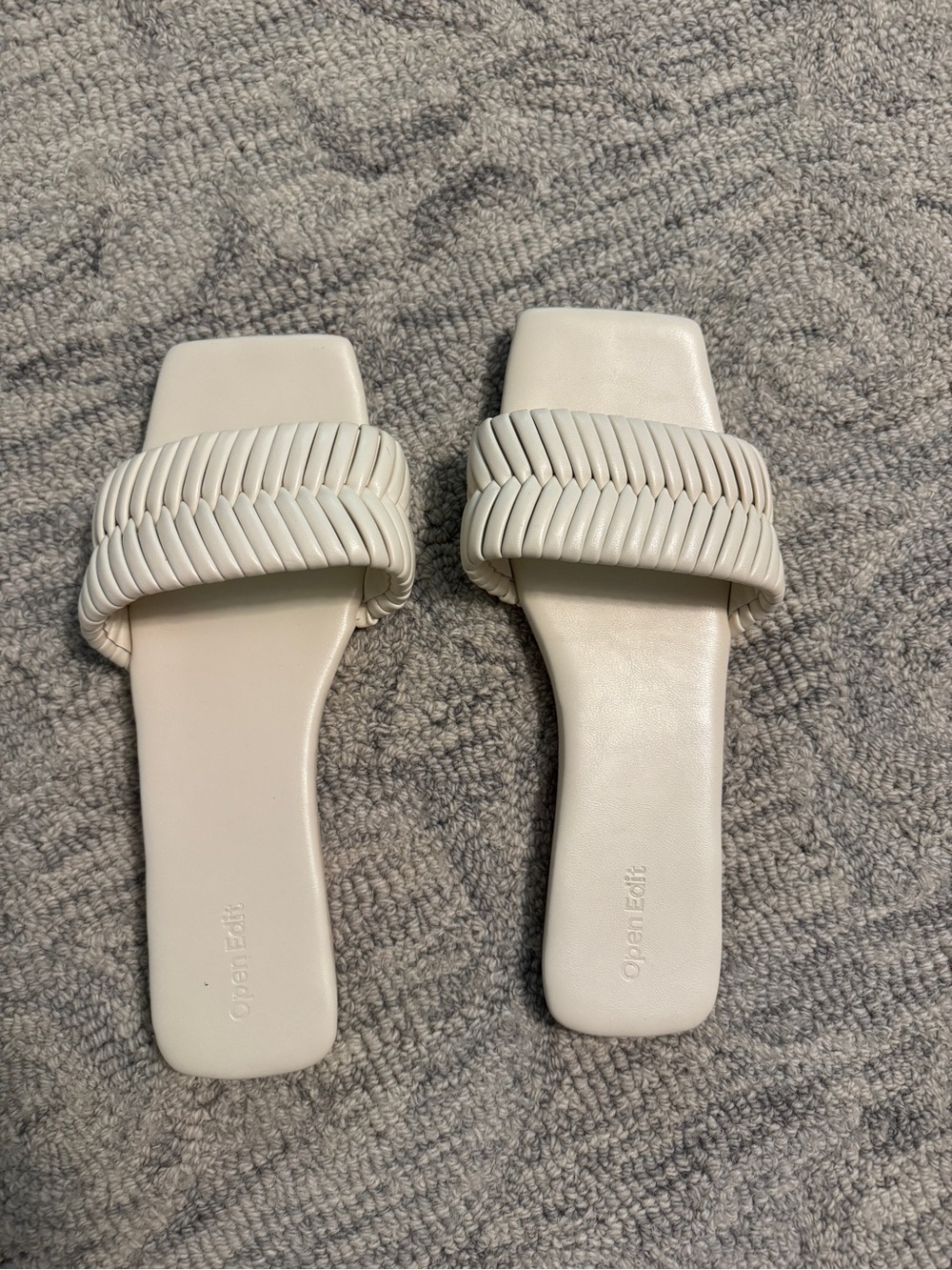 Open Edit Woven Strap Slide Sandals in Off-White. Size 10